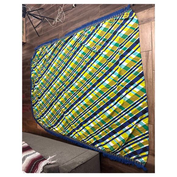 Blue Green Bed Coverlet Sheet with Fringe 73"x106" - Picture 4 of 10